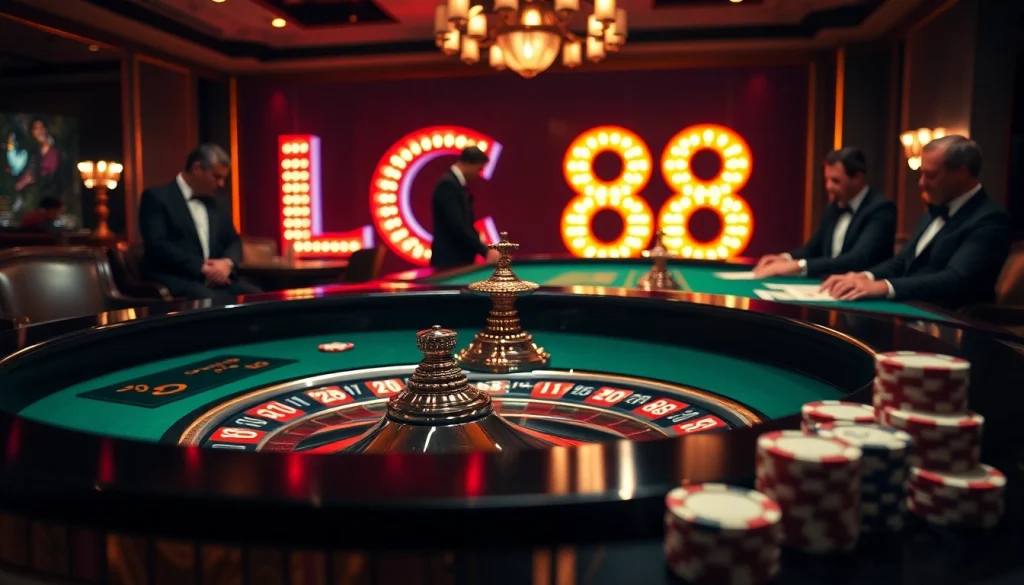 A thrilling casino scene at LC88 featuring an elegant roulette table filled with chips and excited players.