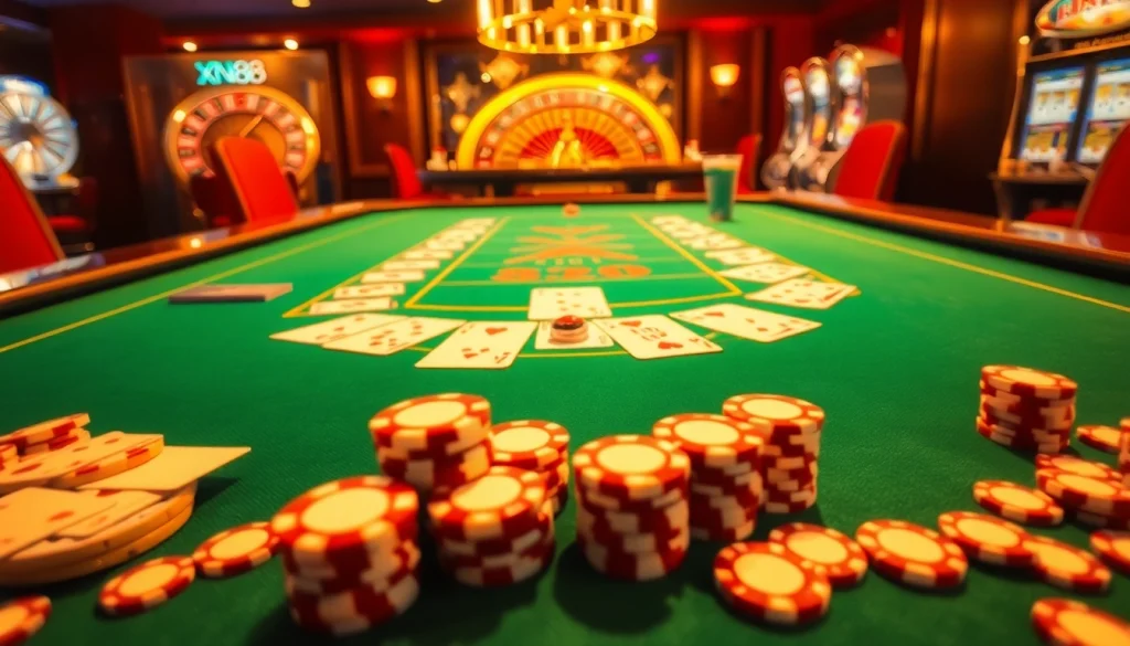 Enjoy dynamic gaming at xn88 sòng bài with a luxurious casino setup featuring vibrant tables and exciting roulette.