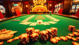 Enjoy dynamic gaming at xn88 sòng bài with a luxurious casino setup featuring vibrant tables and exciting roulette.