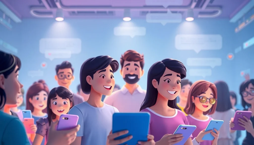 مشهد دردشة ديناميكي يوضح شات تعب قلبي مع شخصيات متنوعة تتفاعل في بيئة رقمية نابضة بالحياة.