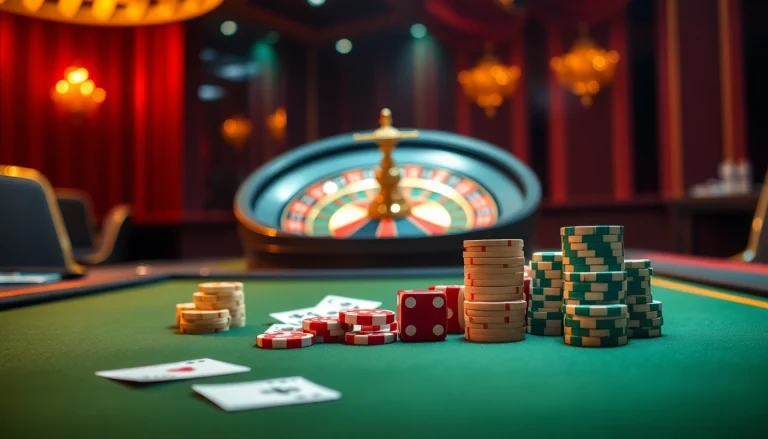 Engage in thrilling gambling action at dr88 with a casino table full of chips and cards.