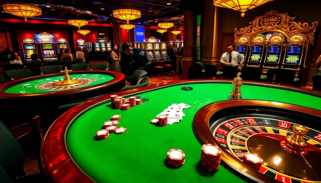 Experience the excitement of Xin88 with vibrant poker chips and glamorous roulette wheels in a luxurious casino scene.
