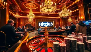 Hitclub casino scene with players at luxurious tables, engaging in high-stakes gameplay.
