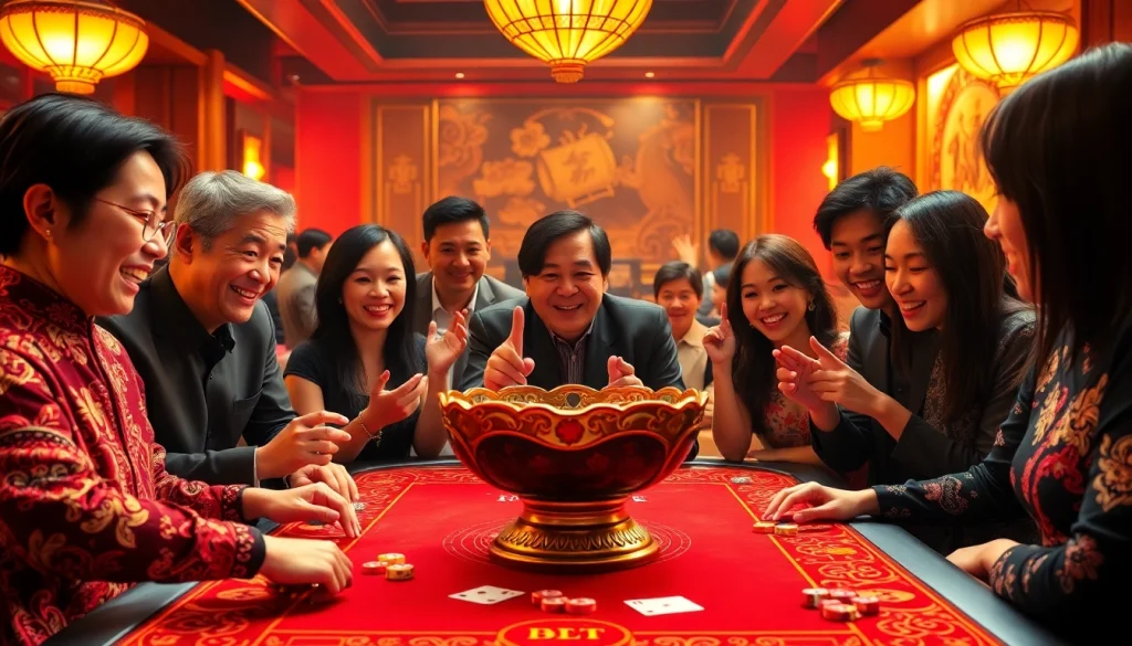 Xóc đĩa game setup with colorful tokens and excited players in a lively casino atmosphere.