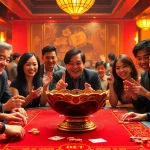 Xóc đĩa game setup with colorful tokens and excited players in a lively casino atmosphere.