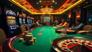 Experience thrilling gameplay at VJ88's lively casino with poker chips and roulette.