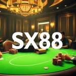 Engage in high-stakes poker excitement featuring SX88 chips and a luxurious casino setting.