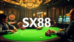Engage in high-stakes poker excitement featuring SX88 chips and a luxurious casino setting.