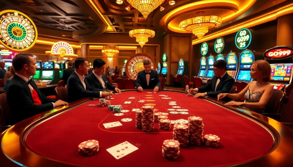 Players enjoying a thrilling poker game at GO99's luxurious casino table.