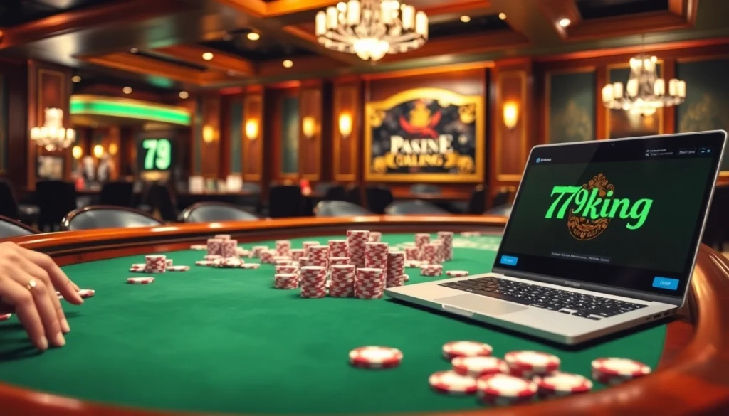 Experience thrilling gameplay with 79king poker chips and cards in a luxurious casino setting.