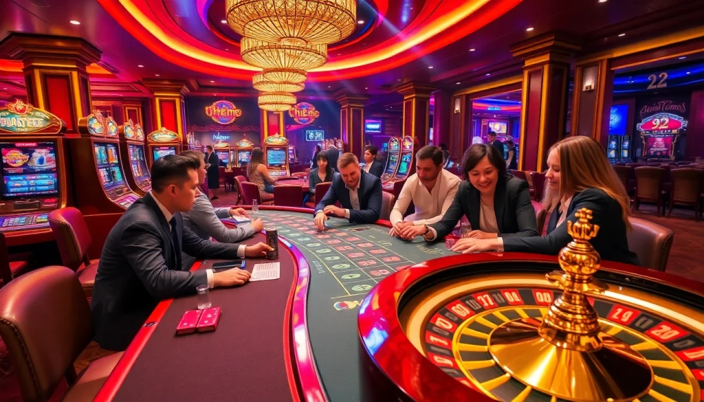 Experience thrilling gameplay at DH88 with players engaging at luxurious casino tables and vibrant slot machines.