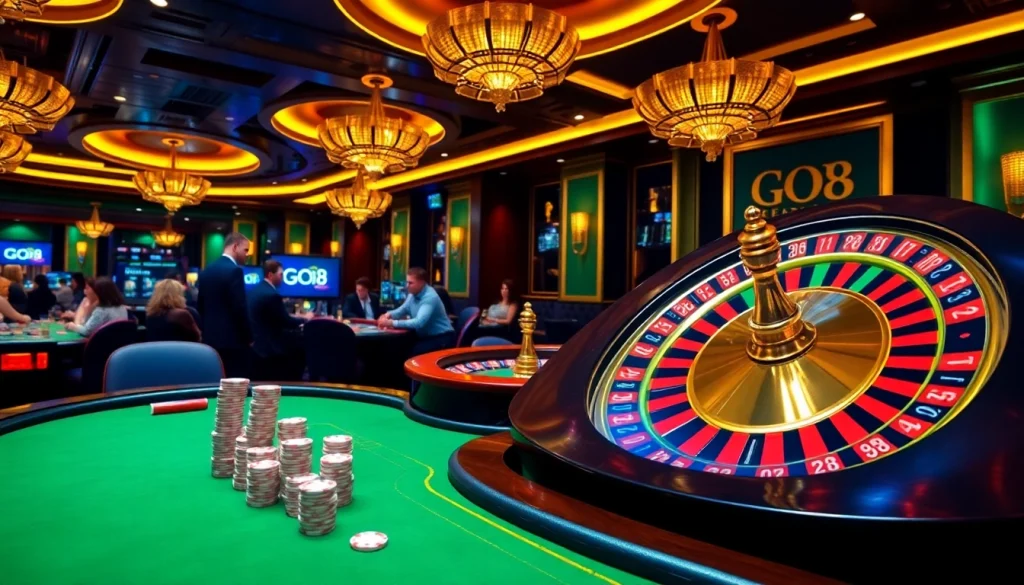 GO8 logo shines on a luxurious poker table in an exciting casino setting.