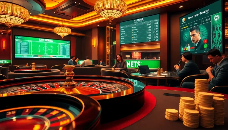 Experience the excitement ofแทงบอล at a bustling casino, where poker chips and a spinning roulette wheel captivate bettors.