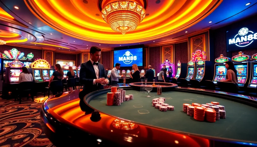 Man88 casino scene showcasing vibrant poker tables and exciting gamblers in action.