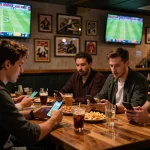 Friends engaging in Kèo nhà cái 5 betting during a thrilling live football match