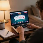 Engaged player using fly88 online casino platform, with poker hand displayed on laptop screen in a cozy home environment.
