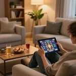 Engaging in online gaming at home on f8betlv, featuring a tablet with slot game interface.