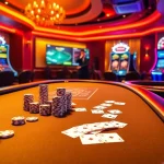 Experience an exciting gambling atmosphere at Ga6789's top-notch poker table accompanied by vibrant slot machines.