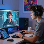 Engaging 18+ AI chat scene illustrating dynamic user interaction with lifelike character on screen in modern tech setting.