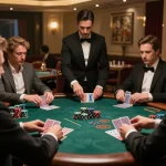 Engaged players enjoying blackjack at a luxury casino, highlighting badak178 gaming strategies.
