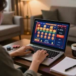 Engaging online gaming session at Nhà cái ok88386 with dynamic laptop display in cozy living room.