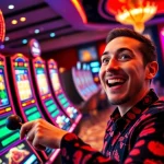 Excited player engaging with IDNSLOT online gambling interface, surrounded by vibrant slot machines.