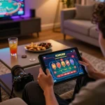 KONG88 user engaging with online casino app in a cozy living room setting with vibrant gaming graphics.