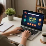 Engaging in tài xỉu online gaming on a laptop at home with strategic notes and warm ambiance