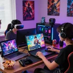 Engaged players enjoying porngames on multiple devices in a vibrant gaming setup.