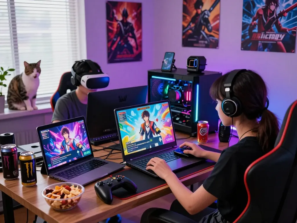 Engaged players enjoying porngames on multiple devices in a vibrant gaming setup.