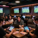 Exciting scene at a sports bar as patrons engage in kèo nhà cái betting while cheering on live events.