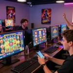 Suasana permainan slot demo yang mendebarkan dengan berbagai pemain menikmati permainan slot berwarna-warni di lounge perjudian daring yang semarak.