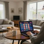 Player engaging in online gambling at dacsandatphanrang.com from a cozy living room, betting on colorful slot games.
