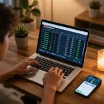 Engaged bettor reviewing keonhacai odds while using a laptop in a comfortable home setup.