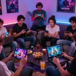 Exciting scene of players enjoying mobile porn games on various devices, showcasing immersive gameplay and a cozy atmosphere.