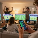 Betting enthusiast using open88 com to place live sports bets while friends cheer around