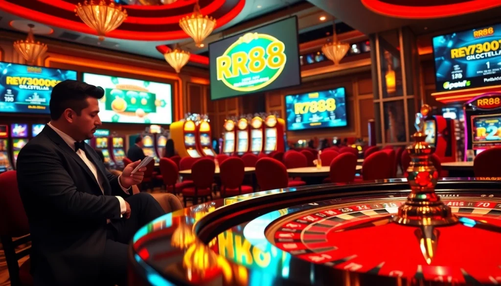 Engage in thrilling games at RR88 casino, featuring roulette tables and poker action for exciting gameplay.