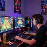 Pemain terfokus pada permainan situs slot di setup modern dengan pencahayaan yang cerah.