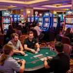 A dynamic casino scene featuring players engaging in 88xx bet games at poker tables and slot machines.