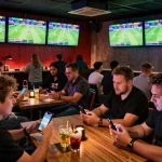Soi kèo action in a lively sports betting lounge, with fans intensely focused on live games and mobile bets.