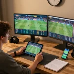 Sports bettor analyzing live odds and placing bets on soi keo nha cai with a focused expression at home.