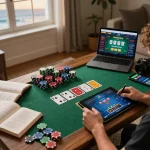 Pemain terlibat dalam permainan poker online di tablet yang menunjukkan strategi taruhan dragon77 dengan chip berwarna-warni.