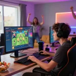 Excited player engaging with Zeus138 online slots in a vibrant gaming setup.