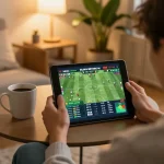 Berinteraksi dengan pembaruan Skor Langsung sambil memasang taruhan olahraga di tablet dalam suasana rumah yang nyaman.