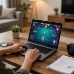 Player engaging in online poker gameplay at home on BL555 platform with strategies in focus