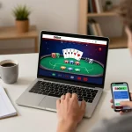Playing poker on 8xbet with colorful chips and a laptop in a cozy home office setting.
