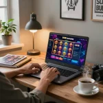 Engaged player exploring SC88 online slots on laptop showcasing vibrant graphics and strategic interface.