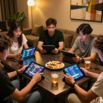 Kumpulan yang terlibat bermain bandar togel online di lingkungan lounge yang nyaman, menampilkan layar yang cerah dan suasana sosial.