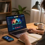 Engaged player exploring bem88's online casino games in a cozy home office.