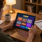 Player engaged in say88 online casino gameplay, focusing on tablet with colorful game graphics, cozy home setting.